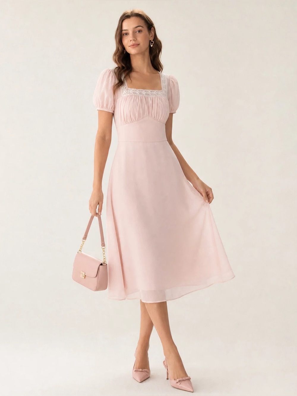 RIHOAS Blush Pink Square-Neck Lace Midi Dress